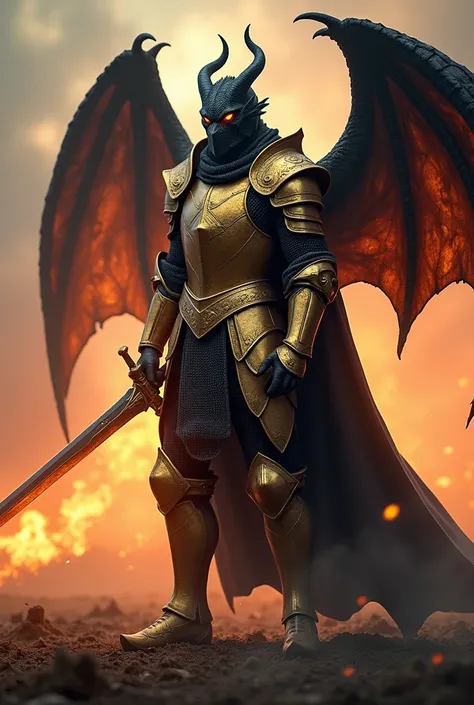  Create a fusion of two characters .  The first is a medieval knight with golden armor and a long sword. O segundo é um dragão negro com Flaming wings e olhos brilhantes.  Combine these two to create a hybrid character : a draconic warrior .  He must have ...