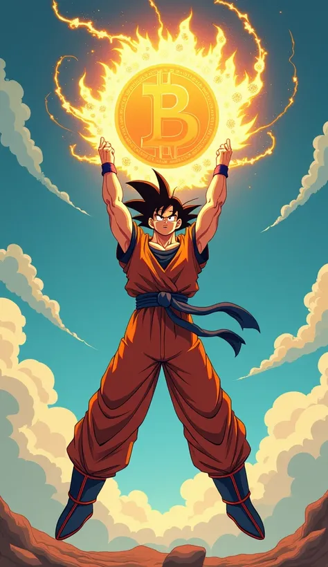 Son Goku Flying in The Air holding his arms above his Head and making a Bitcoin Genkidama