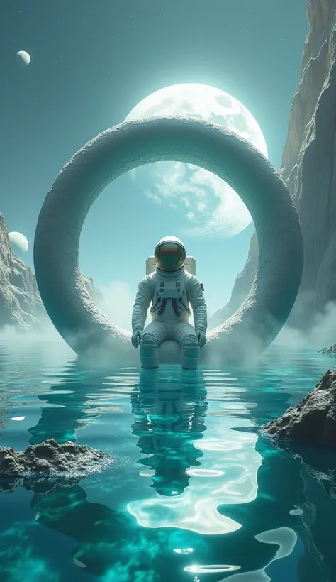 Astronaut sitting on the halo of a planet which is soaked in water, some other planetary models soaked in water around, in the style of sparkling water reflections, clemens ascher, exotic landscapes, hyper-realistic water, furaffinity, paul signac,cinemati...