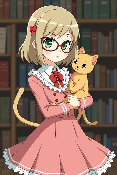  A very marked anime-drawing style girl Professor Layton: 
 flat colors ,  cat , simple and clean lines . medium ash blonde hair ,  green eyes with brown interior ,  wears bayonetta-style glasses ,  a pink dress with white details and lots of details,  wea...