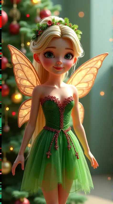 A stunning 3D rendering of a charming Christmas three fairy girl, dressed to impress in a festive outfit. The fairy who decorates the Christmas tree, Peri wears a bright green dress with intricate red accents and lace. Her wings are angelic and vibrant, ad...