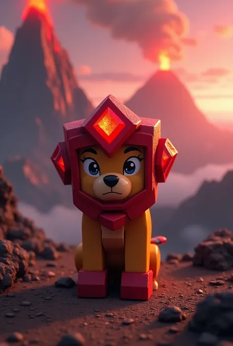 A Minecraft-style puppy with a red sayayin diamond helmet and red volcanoes in the background