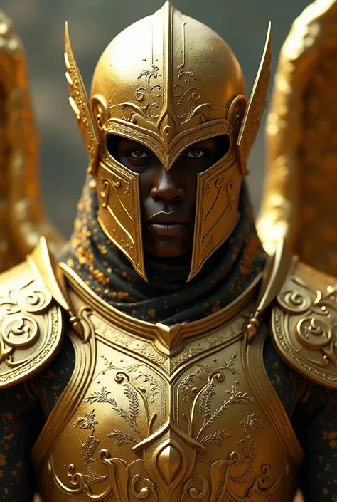 Excellent, Do another one wearing golden armor with a mask that covers the face but the mouth is exposed and put small angel wings as part of the armor