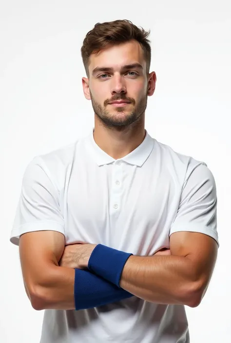 Created a 3x4 image. Francisco Lachowsky., a young man, 24 years old square face, pale skin, blue eyes, trimmed beard, short brown hair, muscular standing infront of a white background wearing a white tennis shirt, crossing his arms wearing blue wrist band...