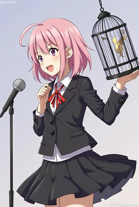 anime girl with a microphone and a bird cage in her hand, a picture by Kamagurka, pixiv, shin hanga, fine details. girls frontline, girls frontline style, girls frontline universe, from girls frontline, girls frontline, girls frontline cg, kantai collectio...