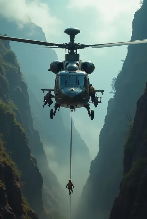 A detailed 4K image of an Indian Air Force MI-17 helicopter approaching the gorge. The helicopter hovers just above the cliff, its rotors kicking up dust and debris. The dramatic lighting emphasizes the helicopter’s sleek body and the sheer scale of the go...