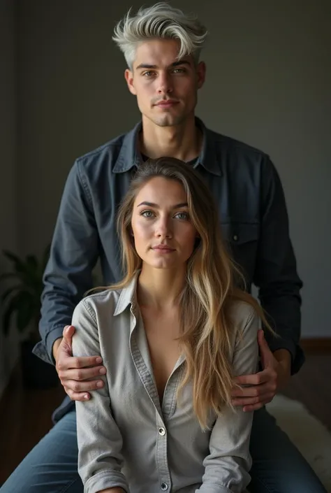  A very young, silver-haired handsome man standing behind a young, silver-haired beauty sitting facing the front , A young beautiful woman with a dark expression ,  and grabbed a womans neck,  A very young handsome man with a slight smile 