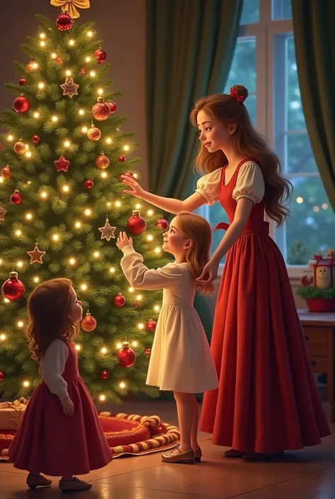  Take a picture in Disney style as Two sisters 30 and 34 years old are just decorating a Christmas tree.
 The younger girl with long straight light brown hair with hair up to the waist ,  wearing elegant casual clothes .
 The older sister is taller than he...