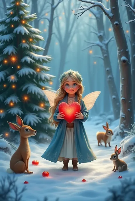 Little fairy standing in the winter forest 
Blue cloak 
Red heart in hand 
Lots of forest animals
Christmas tree 
campfires 