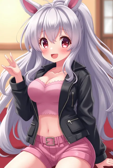 (((Masterpiece))), top quality, super detailed, blush, cute and playful, huge, leather jacket, silver hair, fluffy hairstyle, elastic breasts, heart-blowing eyes, sweet look, belly button, dynamic and cute pose.