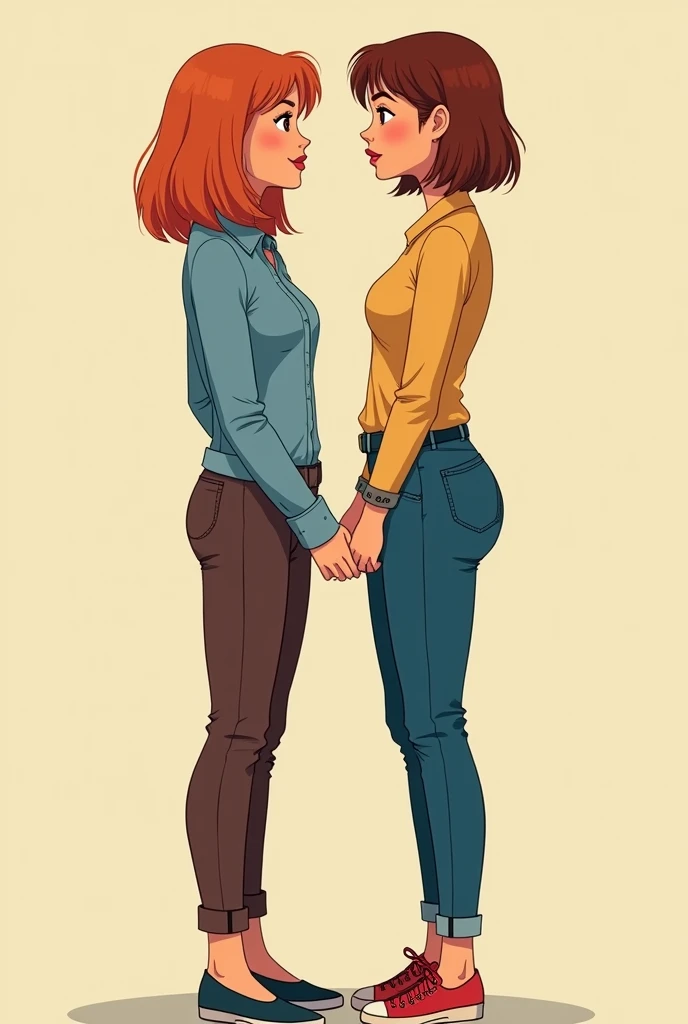 flat comics, 1whore flirt with master, jeans, copper bob cut, side view, her bum