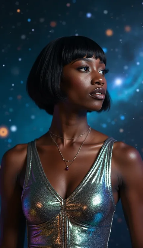 beautiful sexy mature  senegal  woman, micro bob straight bang  haircut, iridescent coloured  metal dress, in space, jewelry, flashes, stars, nebulas,  face under light, no make-up, front light, jumping