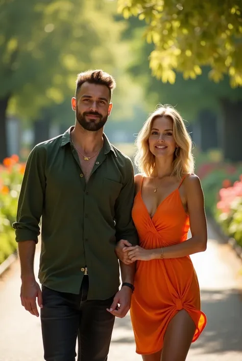 
Ultra-wide angle shot from a distance. A handsome, muscular 30-year-old man with a quaff hairstyle and trimmed beard stands beside stunning 28-year-old French woman with shoulder-length blonde hair, light brown eyes, and glowing skin. She wears orange dre...