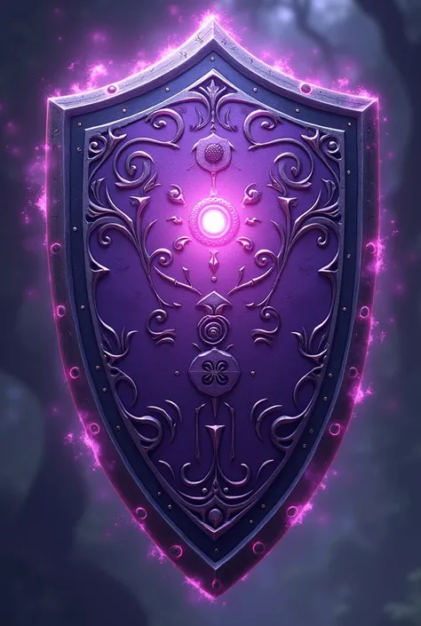 A purple shield with animated style details in the center