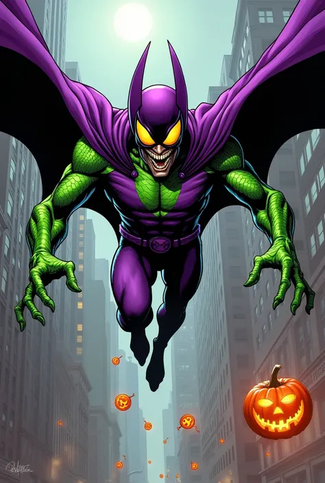     Norman Osborn aka Green Goblin in his classic purple suit       ,        with green arms and legs with scales       ,        green leprechaun mask with purple hood with yellow eyes,       flying on his bat-shaped flying platform       ,        throwing...