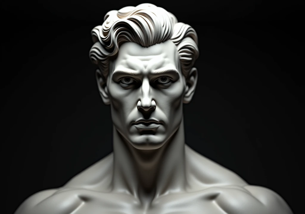 
Plaster face very handsome Greek god Apollo muscular man stoic dark background