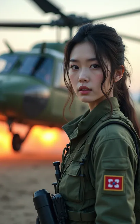 Ultra-high resolution，High-resolution details，（A UH-60 Black Hawk helicopter fires at the ground）Close-up helicopter，South Korean female soldiers covering the breakout（1 Korean female soldier，Super beautiful，Super fair skin，Super white face，Pale face）Revea...