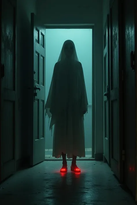 A tall, ghostly figure of Madam Koi Koi standing in the doorway of the dorm. She wears a tattered teacher’s uniform, with a flowing veil obscuring her face, and glowing red heels. Her shadow stretches unnaturally into the room, blending with the darkness."...