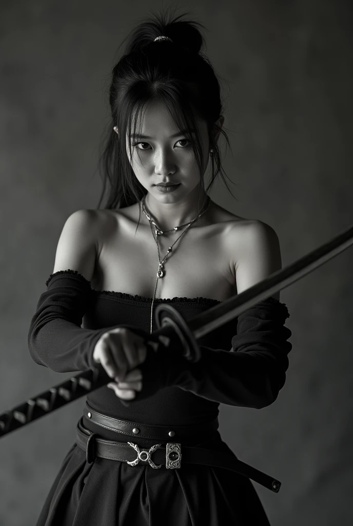   Sword Fighting美しい日本の忍者の女の子、((  sexy tank top with a loose chest  :1.5、  see-through :1.3, off shoulder ))、((  anatomically accurate))、Sword Fighting 、Mid-teens、 cute Japanese idol、  off shoulder :1.3、 Dont &#39; Invisible to Koreans   、 has no characteri...