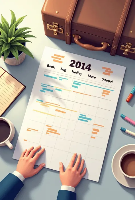 " A table with a year-end calendar ,  colored markers indicating holidays and goals ,  surrounded by items that represent rest and work,  like a cup of coffee , a notebook, and a suitcase ."