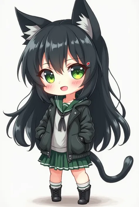 a cartoon drawing of a girl with black hair and green eyes, a pastel inspired by Okumura Masanobu, pixiv, shin hanga, emo boy with cat ears and tail, single character full body, full body adoptable, chibi, anime moe artstyle, anime style character, full bo...