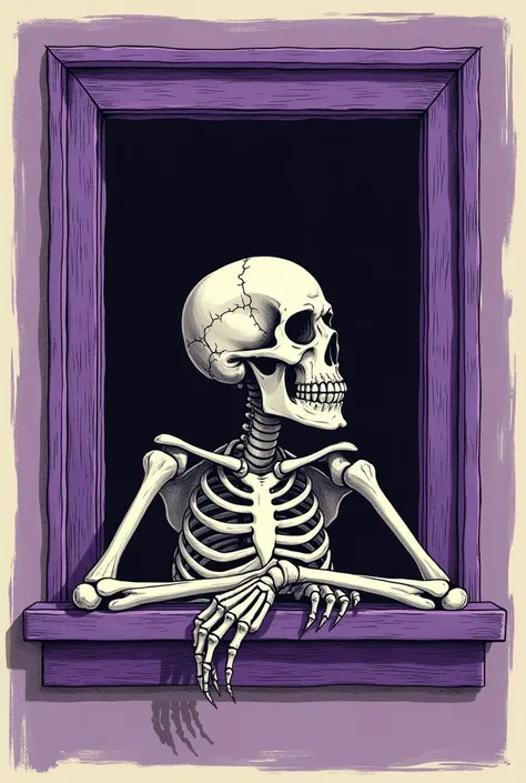 (Album cover)) A thoughtful skeleton resting his elbows on a purple window (in the center of the photo) ((purple)) ( Tarot card style ) ((square image)) (hand drawing style)