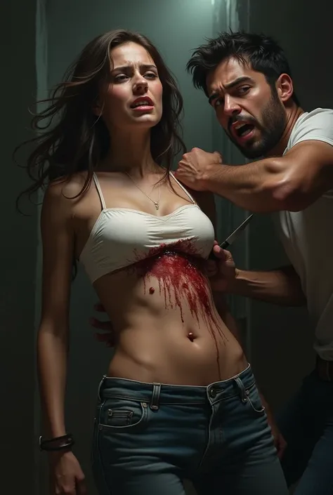 A girl her navel get stab by man. Belly exposed