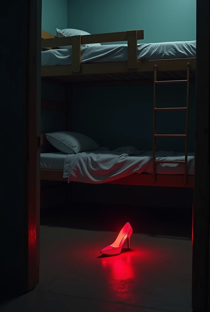 An empty bunk bed with neatly folded blankets. A pair of glowing red heels placed on the floor where a student once slept. The atmosphere is heavy with suspense and dread." African setting
