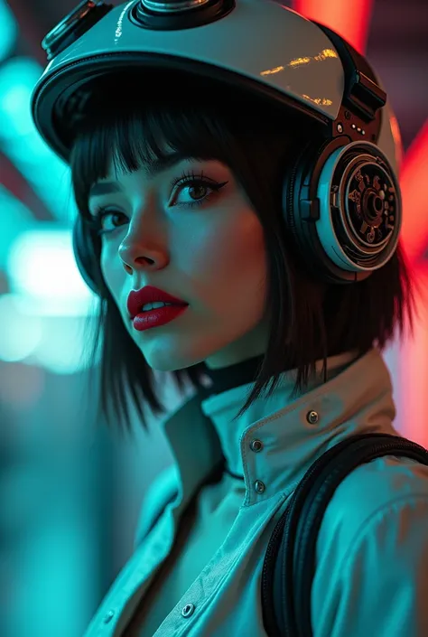  Close-up of a woman wearing a space hat and red lipstick,  Cyberpunk Jackie Wells , CG Society 9,  Characteristics =  Retrofuturism , Beautiful Robot Girls,  Portrait of Female Robot ,  Future Retro Fashion ,  Still from the movie Blade Runner ,  Cyberpun...