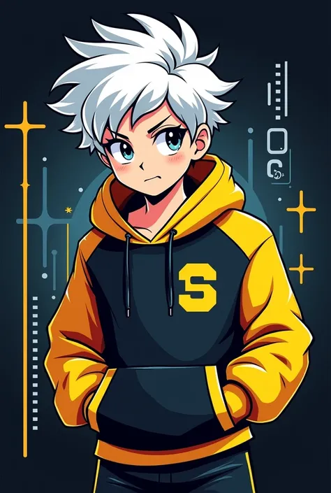 Create me a mascot logo where Masco is a gamer boy with white hair wearing a black and yellow sweatshirt 