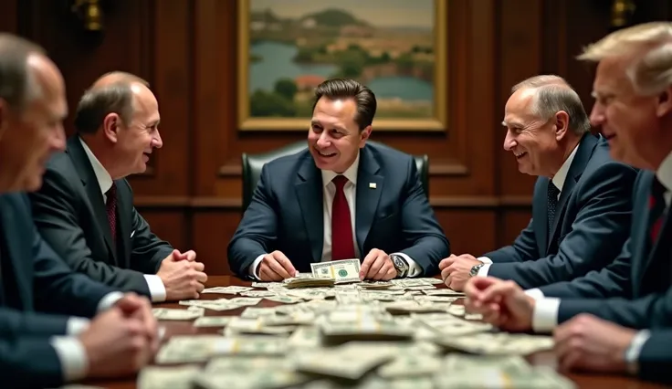 In a very business like room a group of men is sitting at a table loaded with money. At the high end sits Elon Musk with Donald Trump at his right side and Vladimir Putin on the left. They are all smiling and grapping after the money