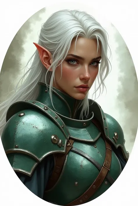 D&D art, Portrait, elf, soldier, greenish gray metal scale plate, white hair, circular portrait, transparent background
