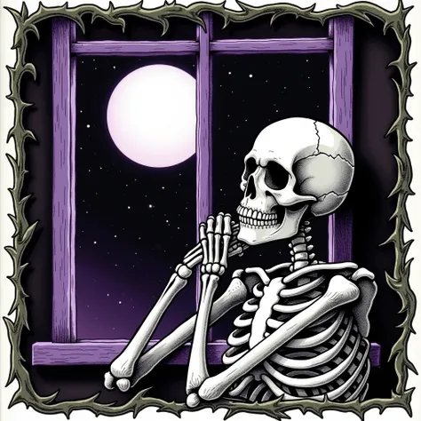 (Album cover)) A thoughtful skeleton looking at the Moon resting its elbows on a purple window (in the center of the photo) ((purple)) ((black end)) ( Tarot card style ) ((square image)) (hand drawing style) (image borders with leaves and thorns)