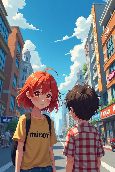   anime Girl with red hair shoulder length ,  background with MIRON lettering on a shirt ,  Boy with curly hair and a checkered shirt with Saymeanna , beautiful city  