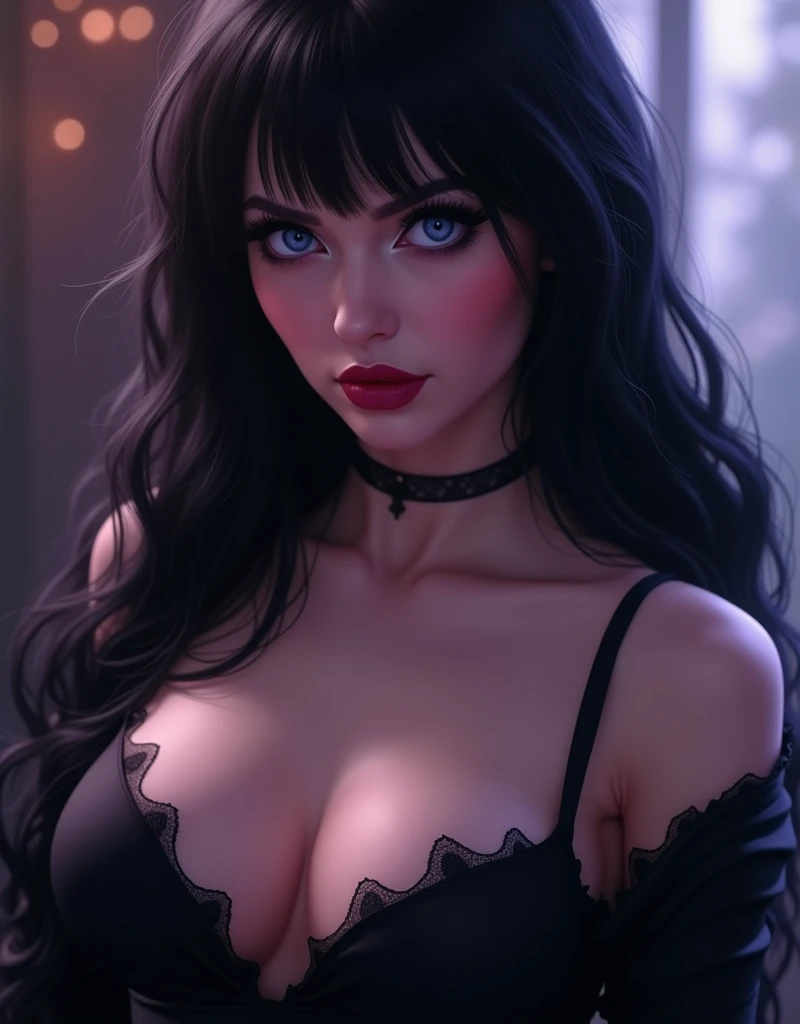  masterpiece ,  high quality,  intricate details,  illustration, perfect lighting, Perfect everything, sexy Elvira  ,  detailed blue eyes , black eyeliner, purple eye shadow ,  Big breasts ,  cleavage,  black dress,  film, bokeh effect,  Professional, 4K, ...