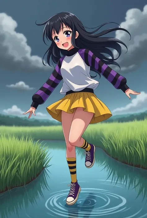  anime girl,  black hair with purple strands , dark blue eyes, happy,  white long sleeve shirt with black purple striped sleeves,  yellow skirt with thick black stripes ,  yellow black striped knee socks , wide purple white hi top sneakers with dirty black...