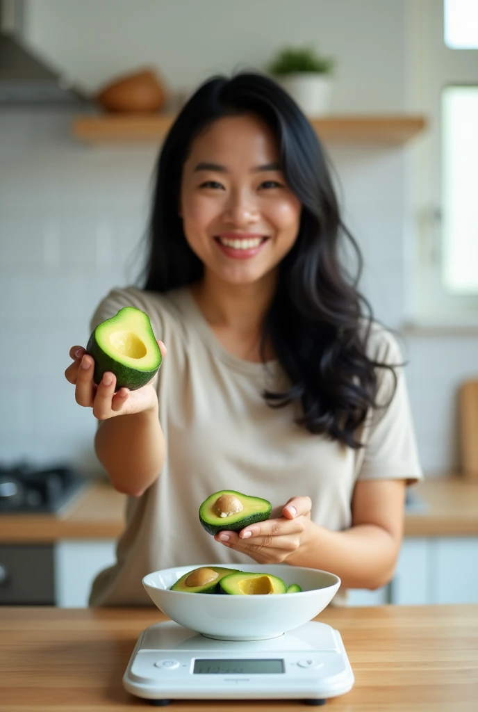 A person (mid-30s, Asian, black hair) holding an avocado in one hand while weighing a portion on a kitchen scale with the other. The background is clean and modern, emphasizing portion control and healthy eating. —ar 16:9