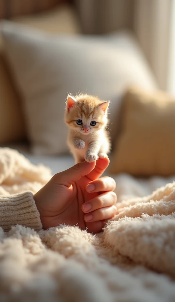 A tiny kitten sitting on a humans finger, with soft pillows and blankets in the background."