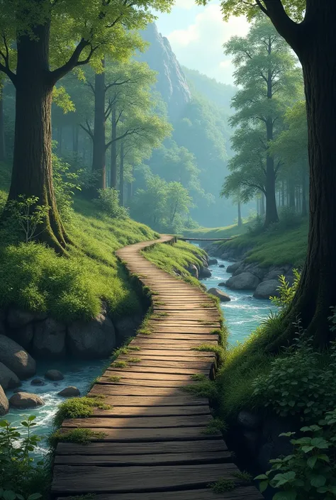 Narrow wooden walkway in the forest ,  below it flows a stream into the valley