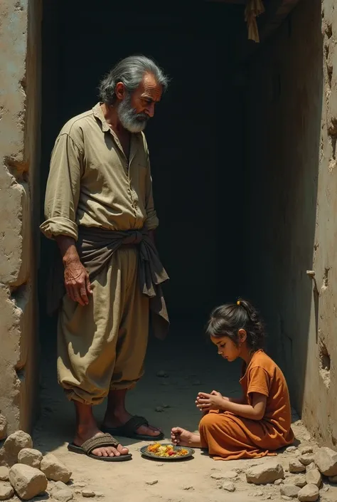 a poor man standing beside her lilte daughter who is eating, in floor, art pic