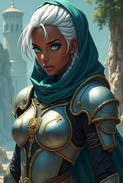 Do an African anime girl with white hair with some braids and turquoise eyes, Dressed as a Templar with a hood