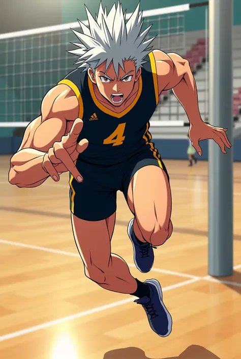 Create an anime image of the haikyuu anime character Bokuto. With the number 4 in the outfit with Fukorodamis uniform