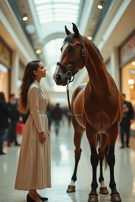 In a shopping mall a horse and a lady measure which of the two is the tallest cattle the horse