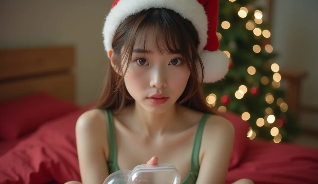  upper body、 Christmas((  top quality  , 8k,  RAW photo, masterpiece :1.3)), ( realistic 、 realistic :1.37)、 very detailed、  super high res,  Young face of a teenager with long straight hair looking sideways using a breast pump with a white silicone cap  (...