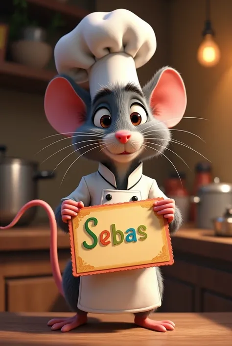 Can you create a Disneylike image for me with the character Remy the Ratatouille dressed as a very cute chef with a very cool letter that says sebas in colors 