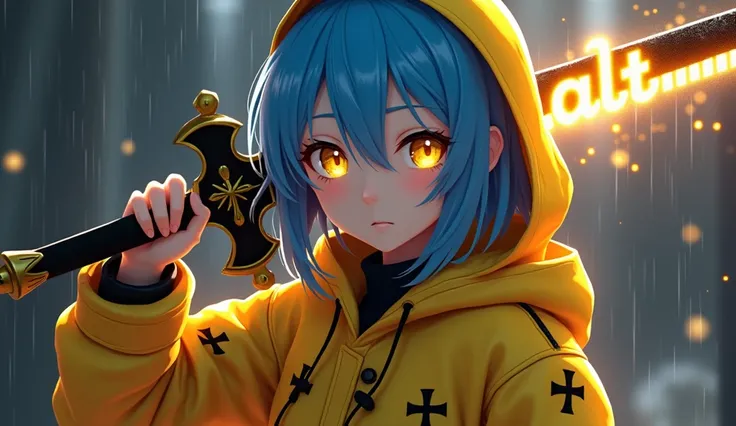 A 16-year-old white-skinned girl ,  bright blue hair and golden eyes that emit an intense shine ,  designed in an anime style combined with realistic 3D effects .  She wears a vibrant yellow raincoat decorated with black crosses ,  with detailed textures w...