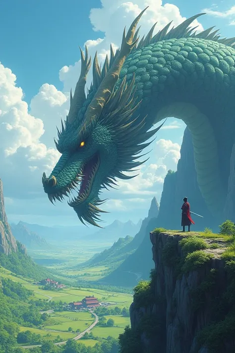 A huge Chinese dragon the size of mountain , , he is far from the viewer and looks straight at him ,  Under this giant dragon of the village and field , , there is a small man with a blue sword on the cliff, dragon looking in human. Dark fantasy anime styl...