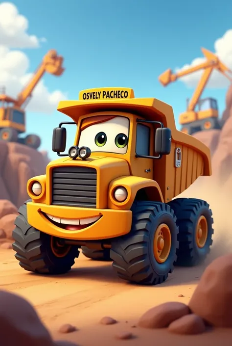 An animated dump truck that says Osvely Pacheco on a sign