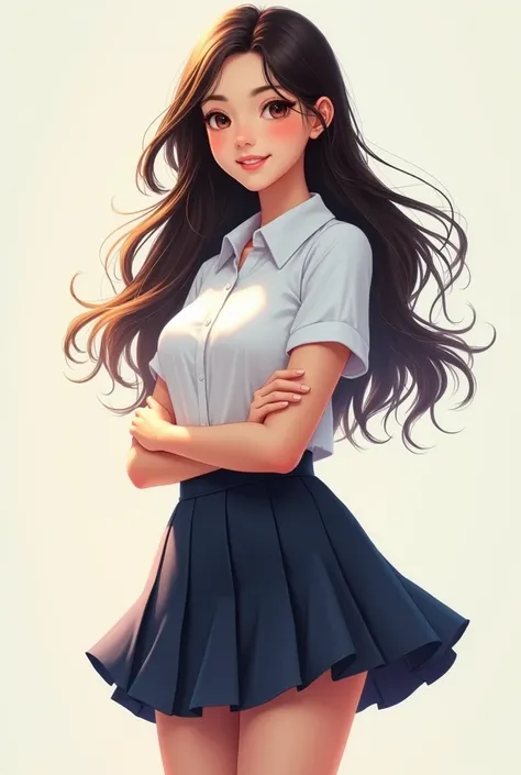 Make a skinny white girl of 18 with long hair in a schoolgirls uniform wearing a short skirt and smiling