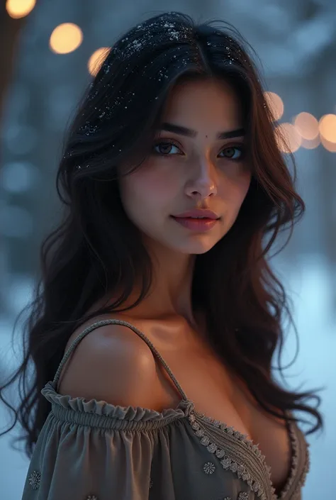 Create a image of 25 year old indian girl, winter , deep cleavage, romantic, cute , realistic , Navy light 
